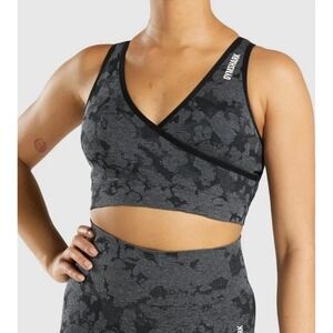 Gymshark Adapt Black Camo Sports Bra Padded, Crossover/Wrap Front, Size Small